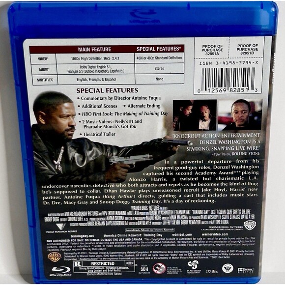 Training Day Blu-Ray. Ethan Hawke. Denzel Washington. Pre-Owned. Played & Tested - Picture 2 of 3
